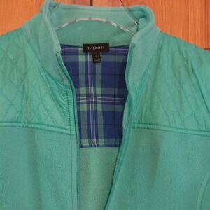 Talbots Womens Fleece Full‎ Zip Jacket Teal Quilted Mock Neck Plaid Trim Large